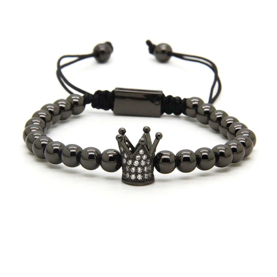 Ailatu прозрачный Cz Корона Плетеный Шарм мужской браслет 6 мм Высокое качество латунные бусины вечерние подарок ювелирные изделия - Окраска металла: Black