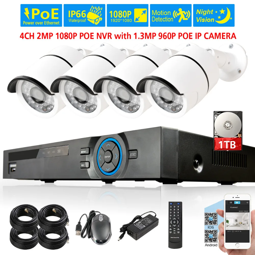 HD PoE NVR система 4ch 1080 P с 4 x POE 960 1.3mp безопасности ip камеры системы видеонаблюдения