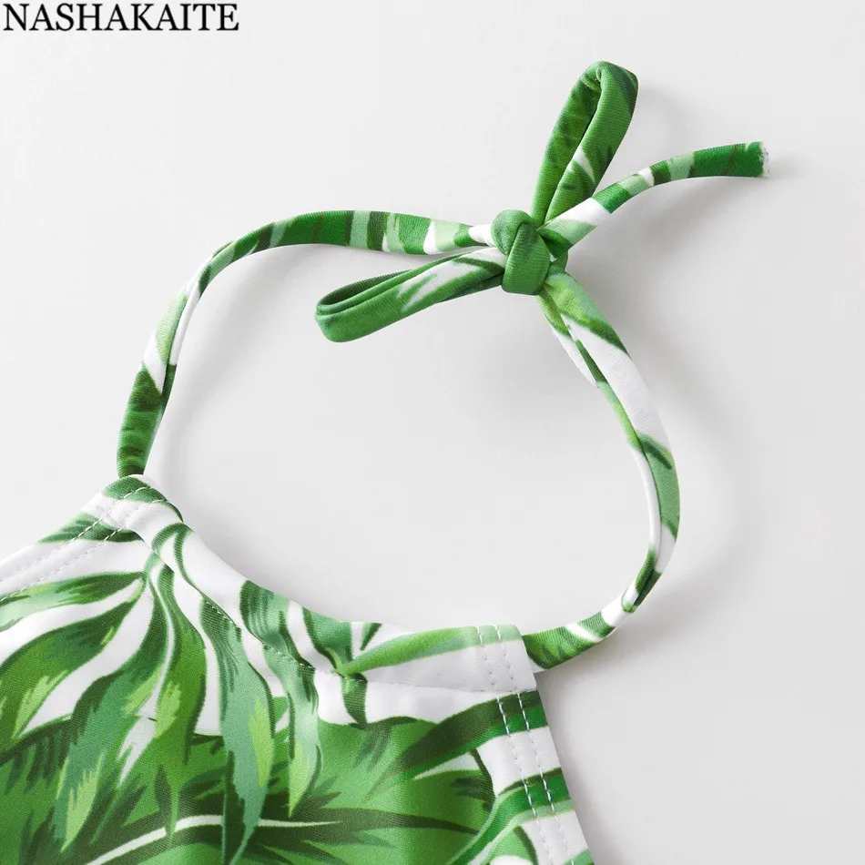 Семейные купальники NASHAKAITE, тропический зеленый купальник с листьями, подходящие купальники для мамы, дочки, папы и сына, одежда для мамы и меня