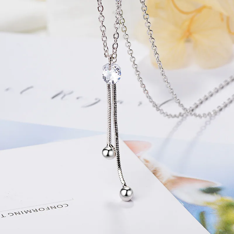 

FENGLI Small Round Silver Color Necklace Double Drop Pendant Unique Pendant Luxury Crystal Necklaces for Women