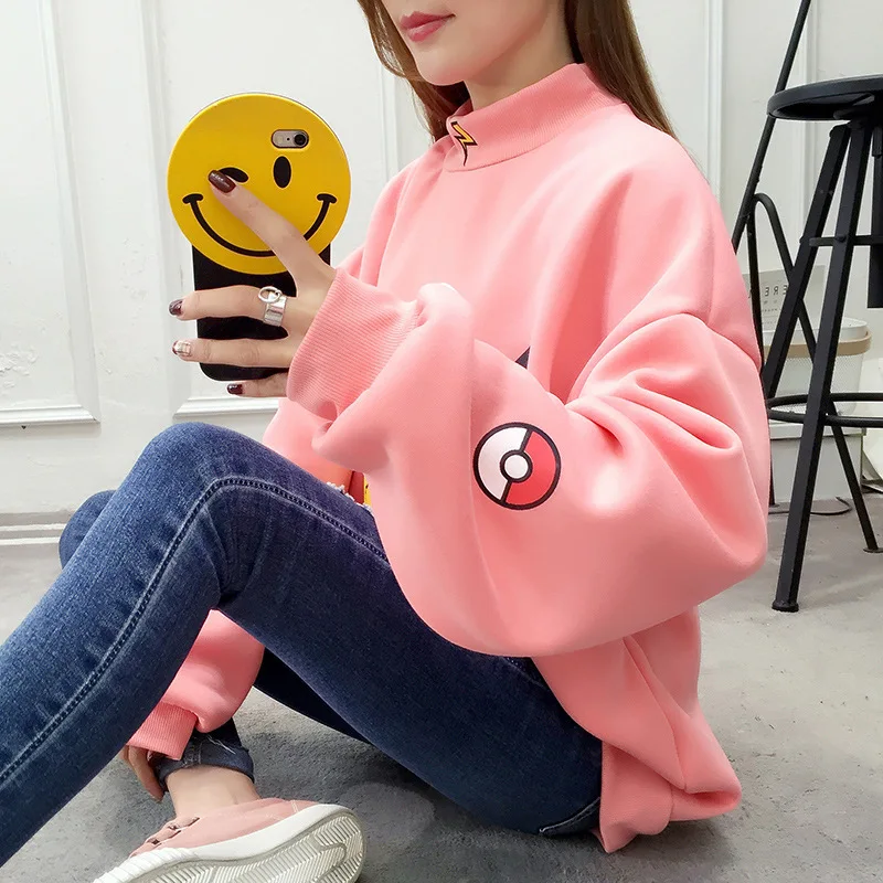 pink hoodies Осень, женские толстовки с капюшоном, водолазка с принтом Пикачу, толстовки Harajuku, модные кавайные топы, парные пуловеры с рисунком покемона - Цвет: pink hoodies