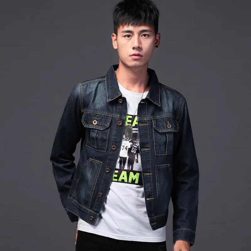 Рваные синие джинсы куртка Мужчины осень рваные мужской Slim Fit повседневные