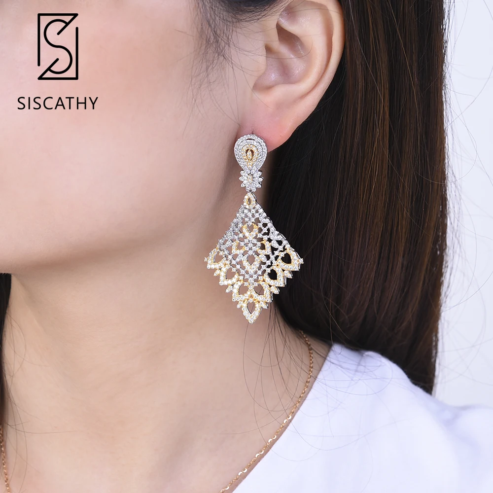 

SISCATHY Luxury Big Prismatic Shape Pendant Earrings Fashion Cubic Zirconia Dubai Drop Dangle Statement Earrings For Women