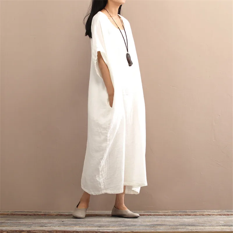 SCUWLINEN 2020 Spring Summer Dress Vintage Long Plus Size Batwing Sleeve Cotton Female Solid Casual Loose Robe W07 | Женская одежда