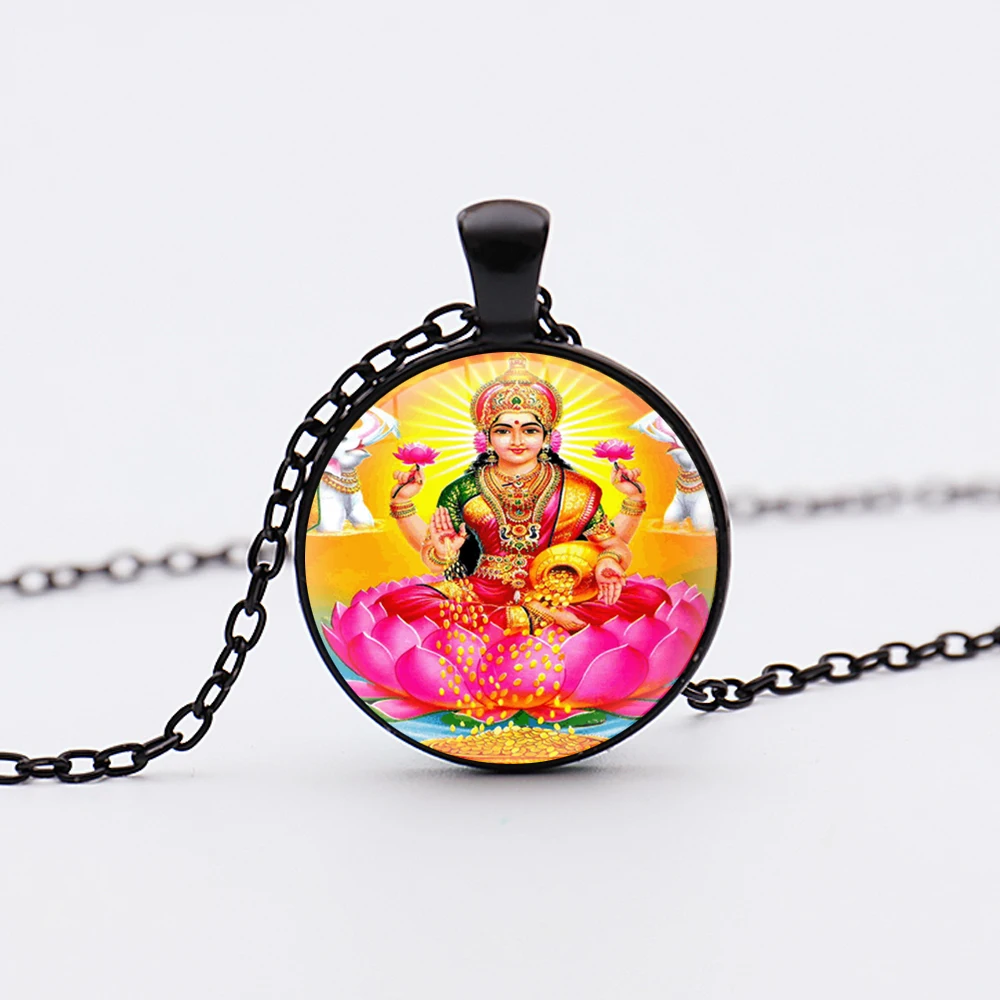 

Black Chain Hindu Goddess Pendant Art Lakshmi Indian Elephants Necklace Spiritual Pendant silver plated Hinduism Jewelry