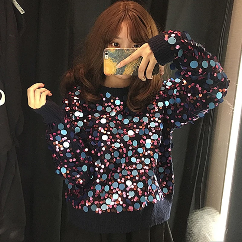 2018 Winter New Shiny Sequined Knit Sweater Fashion Glitter Women Sweaters and Pullovers Bling O-neck Black Lady Tops | Женская одежда
