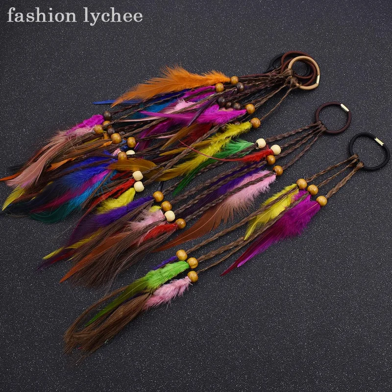 Модные богемные бусины lychee для дредов красочное перо эластичное кольцо длинный
