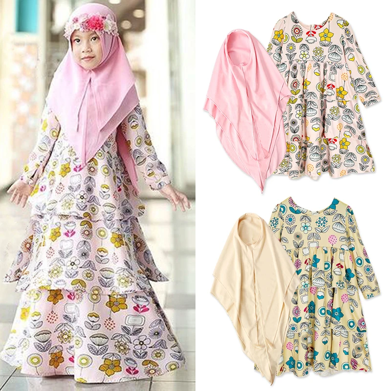 Платье для девочек мусульманок длинное платье + платья Хиджаб модная детская