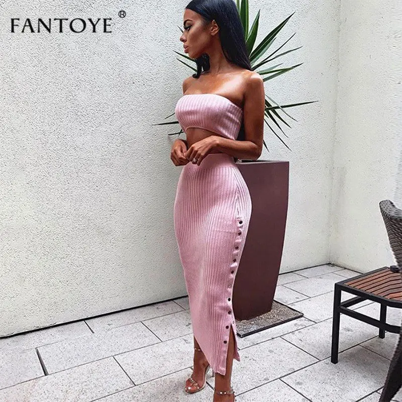 Pink Fantoye, без бретелек, без рукавов, комплект из 2 предметов, ребристые, сексуальные, высокая талия, на пуговицах, раздельные, длинные, облегающие, женские наряды, рождественские, женские наборы - Цвет: Pink