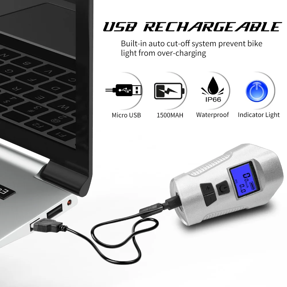 Западный велосипед электрический звонок USB Перезаряжаемый руль безопасности свет Водонепроницаемый секундомер для велосипеда компьютер велосипед динамик
