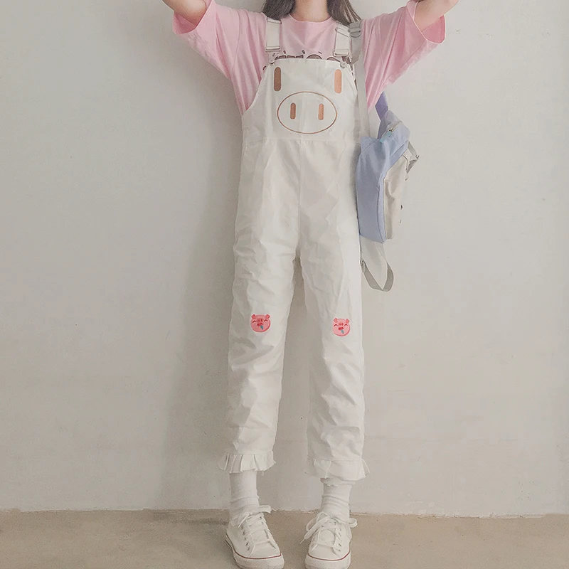 Японские милые животные розовые женский комбинезон Kawaii оборки для девочек комбинезоны милые свиньи брюки с вышивкой повседневные брюки