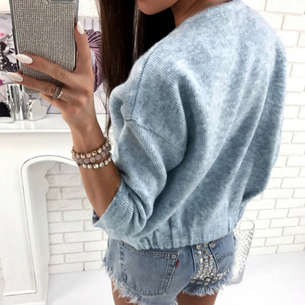 Newest Women 3/4 Sleeve Cardigan Sweater Spring Autumn O-neck Slim Knitted Short Coat Black Blue Temperament |