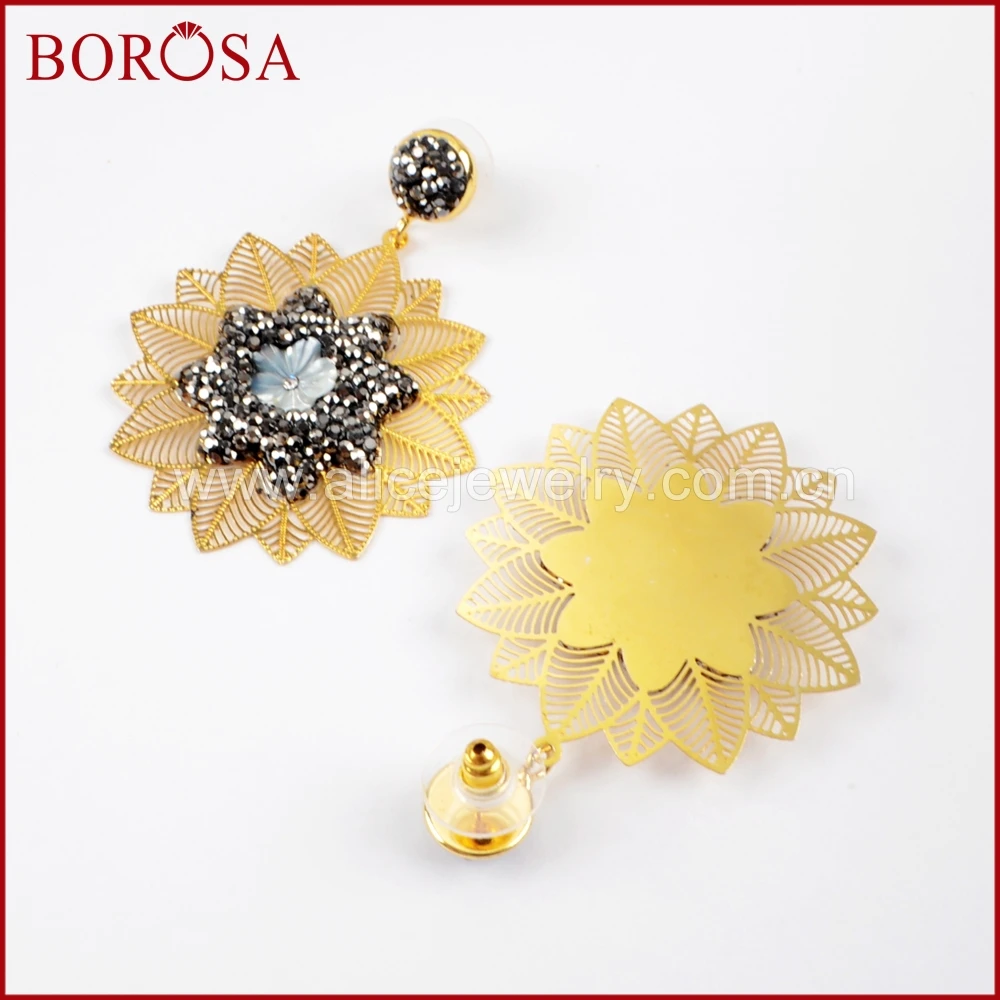 

BOROSA 5Pairs Gold Color Flower Charms Dangle Earrings Pave Rhinestone Metal Drusy Drop Earrings Jewelry for Women JAB883