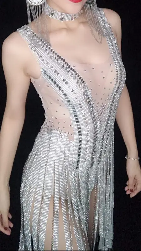 Glisten Stones Silver Tassels Perspective Leotard Nightclub Singer Dance Show Outfit Women's Birthday Party Sexy Bling Bodysuits