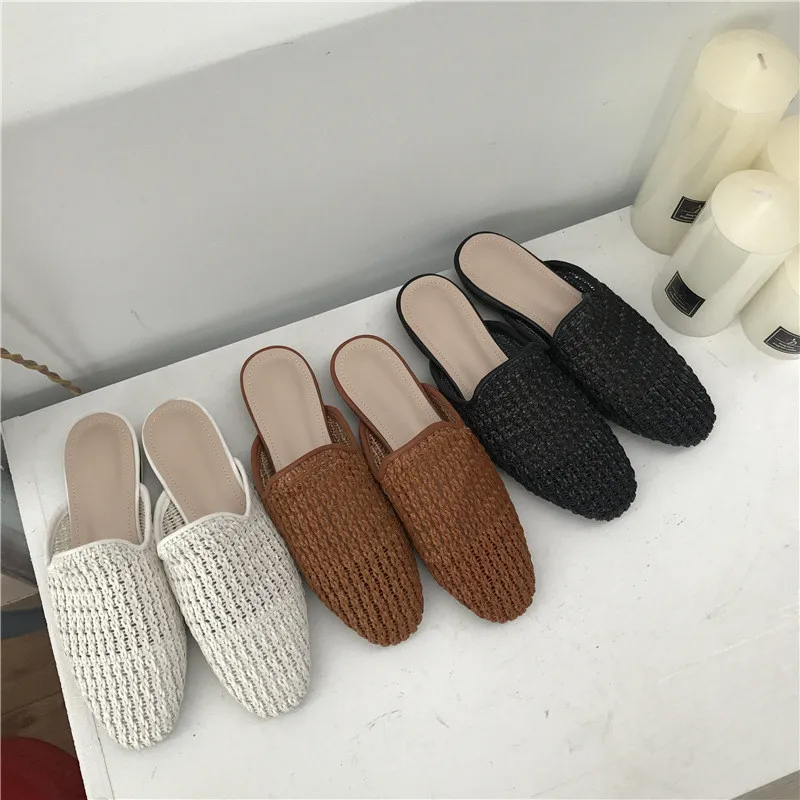 019 летние туфли на низком каблуке женские соломенные тапочки женская кожаная