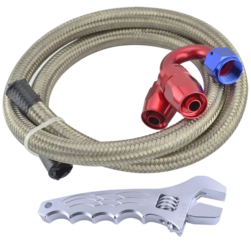 

AN12 Stainless Steel Braided Oil/Fuel Line Hose 1m Pipe+0+180 Degree Swivel Fitting Oil Hose End Adaptor Kit With Silver Spanner