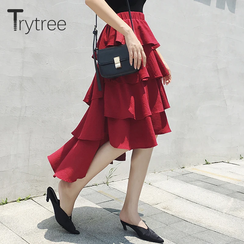 Trytree Летняя асимметричная Длина Женская юбка каскадные оборки эластичная талия