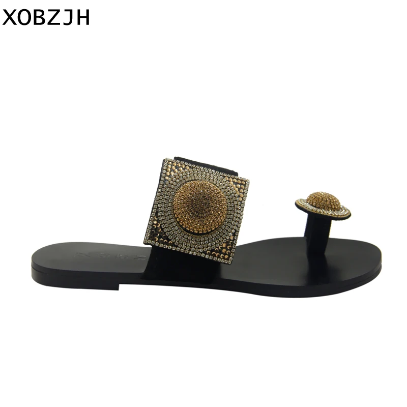 black slippers Летние босоножки,Летняя обувь женская,сандалии на плоской подошве,со стразами роскошные женские туфли,сандали басаножки женские,дизайнерские сандалии из кожи,больших размеров тапочки, свадебные басоножки летнии - Цвет: black slippers