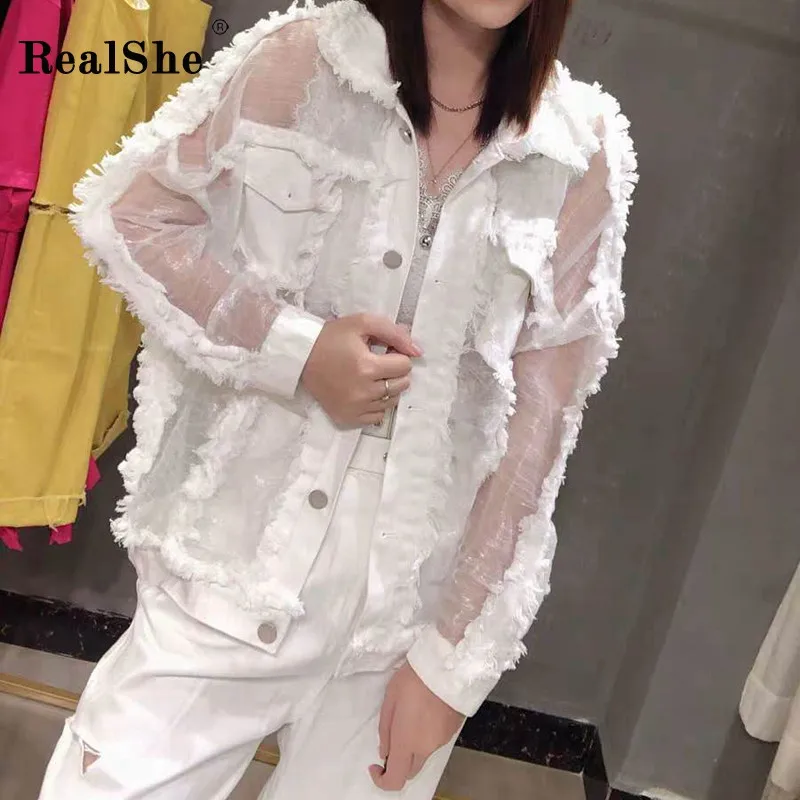 Realshe, женская джинсовая куртка с отворотом, длинным рукавом, пуговицами, карманами, кисточками, джинсовая женская куртка, весна-осень, Повседневная джинсовая куртка для женщин