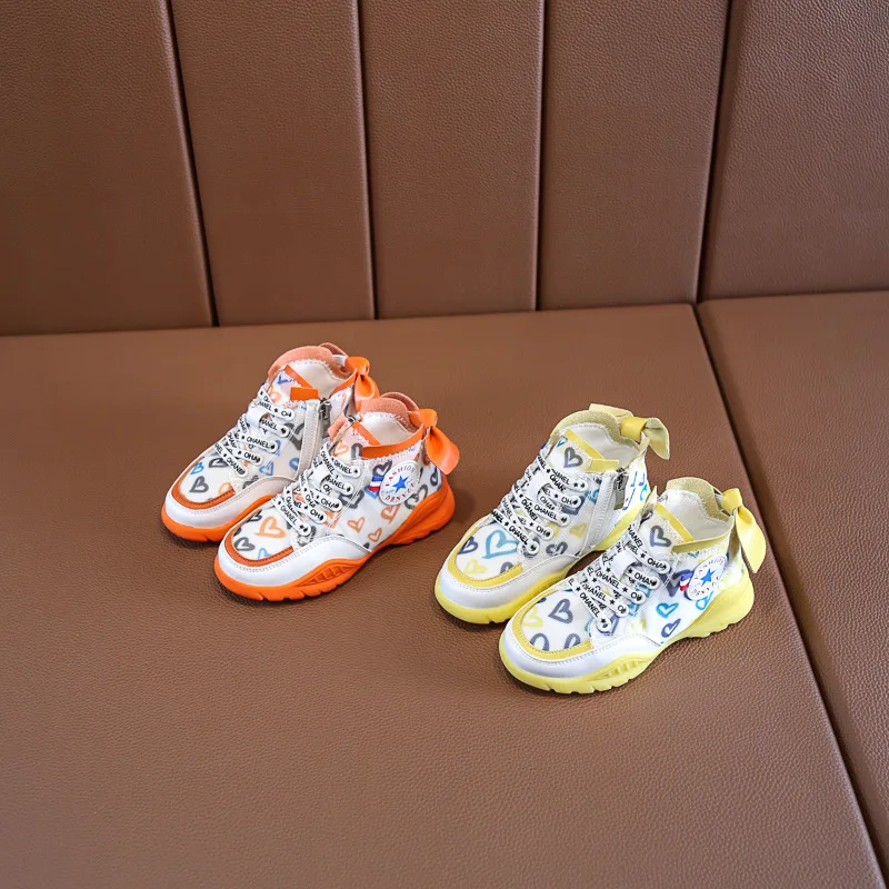 Осень 2019 г. модные высокие кроссовки для девочек с бантом малышей маленьких и