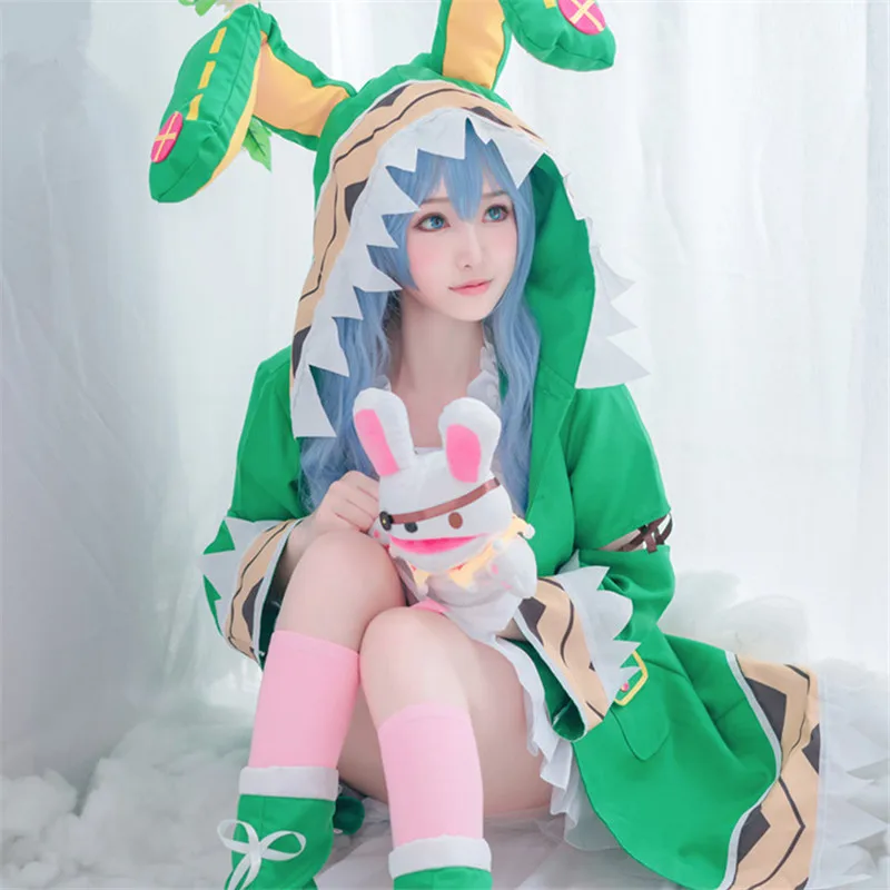 

Anime Date a Live Yoshino Cosplay Costume Green Hoody With Rabbit Ears Jacket White Skirt Fancy Costume