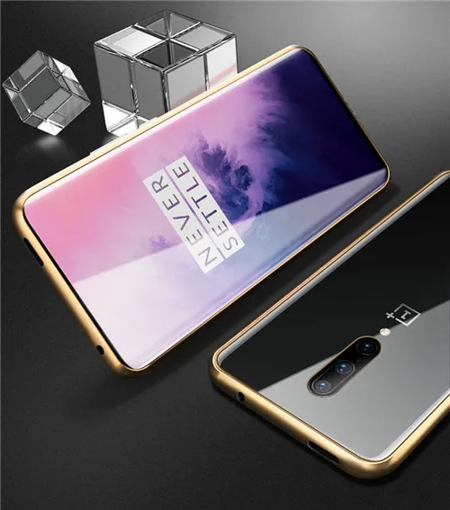 Transparent gold 360 Полный Магнитный чехол для телефона для Oneplus 7 7 Pro Coque алюминиевая металлическая рамка чехол бампер двухсторонний стеклянный чехол для Oneplus 6 - Цвет: Transparent gold