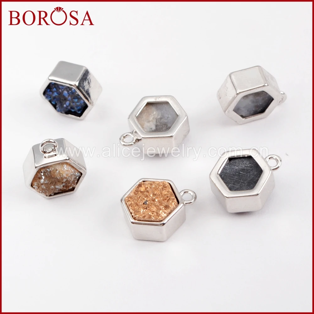 BOROSA 10 шт. серебряный цвет Безель Шестигранная натуральная Друза титановые