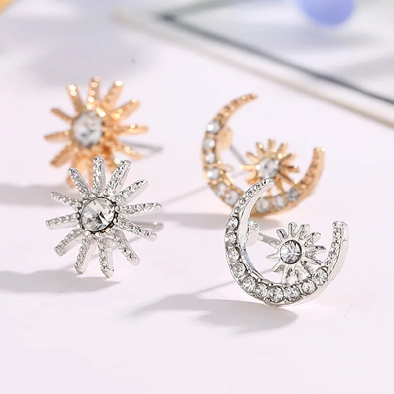 Timlee E075 New Cute Star Moon Asymmetric Earring Temperamental Rhinestone Alloy Studs Earrings Popular Jewelry Wholesale | Украшения и