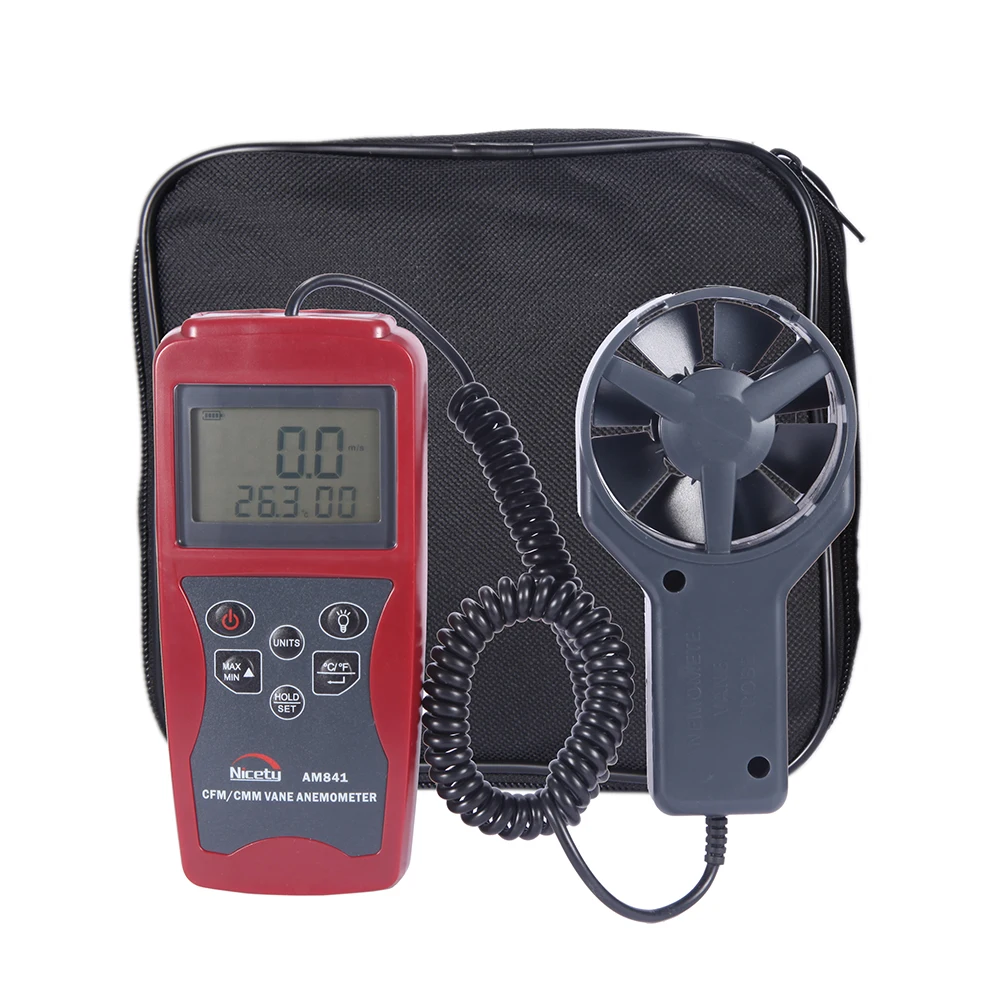 Nicetymeter AM841 Ручной цифровой анемометр измеритель скорости ветра и измерения температуры воздуха с CMM/CFM