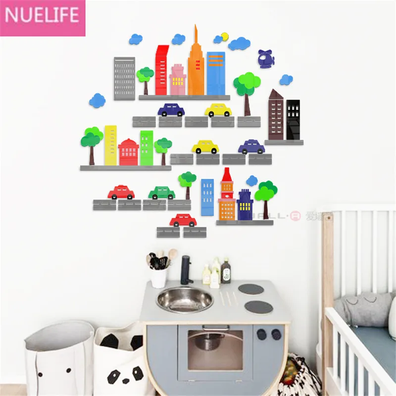 Cartoon city car design 3D acrylic Wall stickers bedroom kids room school kindergarten background wall decoration | Дом и сад