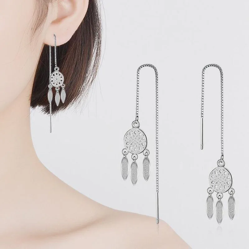 

KOFSAC New Fashion 925 Sterling Silver Chain Earrings For Women Dreamcatcher Long Tassel Ear Line Earring Jewelry Gift Brincos