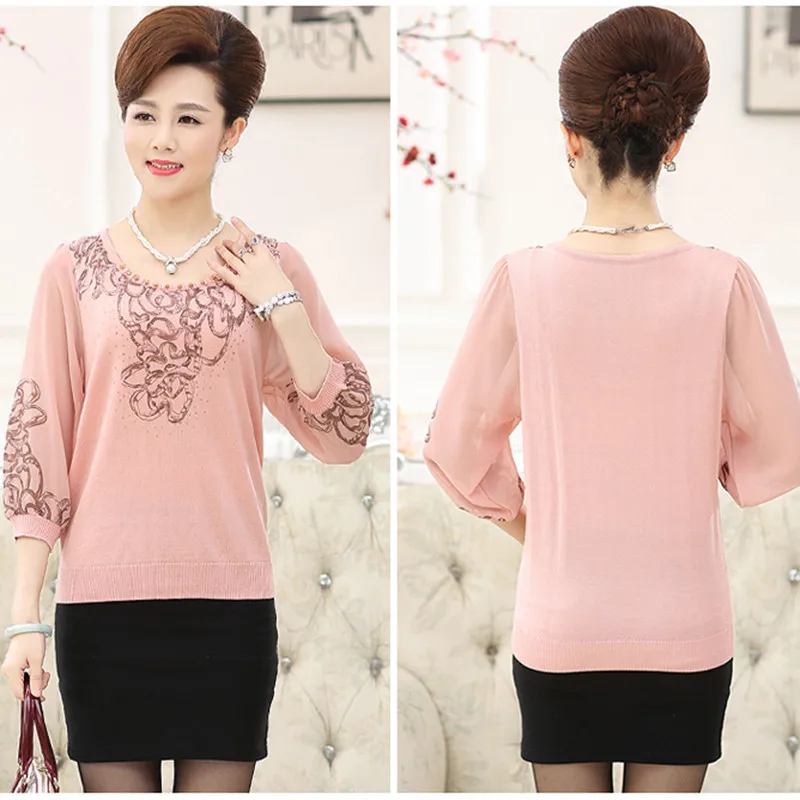 Women Spring Summer Loose Knit Blouse Shirt Plus Size 4XL Middle Aged 2019 New Chiffon Half Sleeve Printed Pullover Thin Tops |