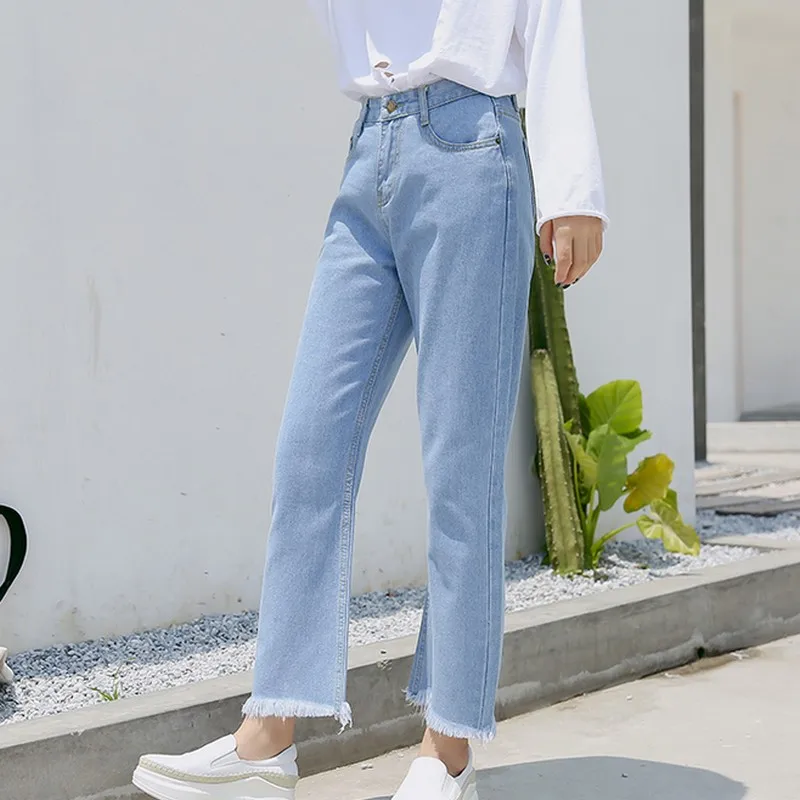 EXOTAO Basic Women Long Jeans With High Waist All Match Blue Wide Leg Pants Female Denim Pockets Tassel Plus Size |