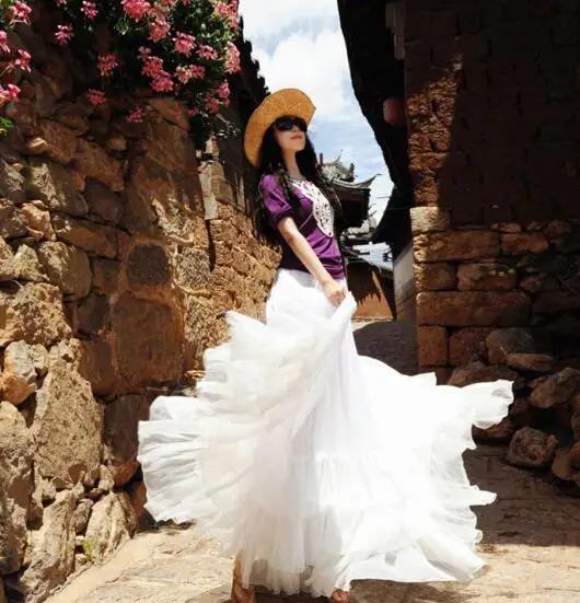 

Plus Size Fairy Big Swing Trip Skirt 2019 Summer High Waist Ruffles Solid Chiffon Skirt Women Maxi Long Skirts