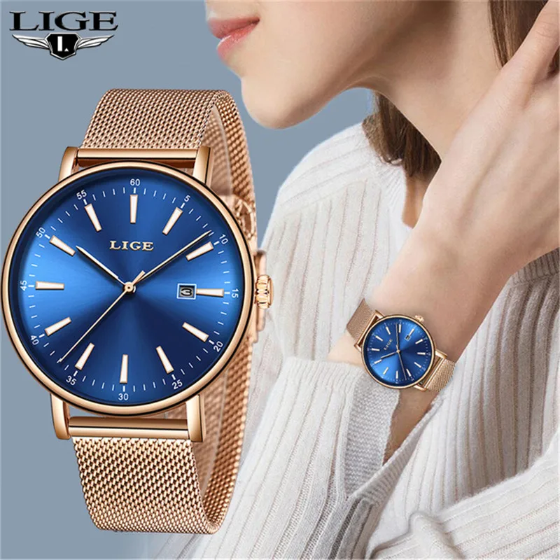 

New LIGE Fashion Women Watches Top Brand Luxury Stainless Steel Quartz Dress Watch Ladies Waterproof Gold Watch Relogio Feminino