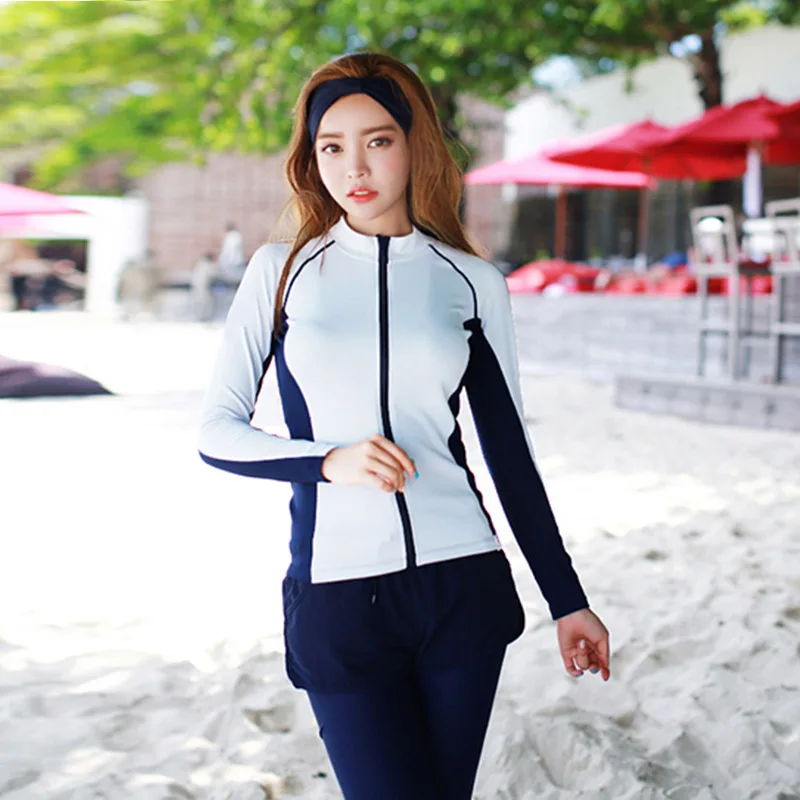 Женский купальник из 4 предметов с длинным рукавом и молнией спереди|Комбинезоны|