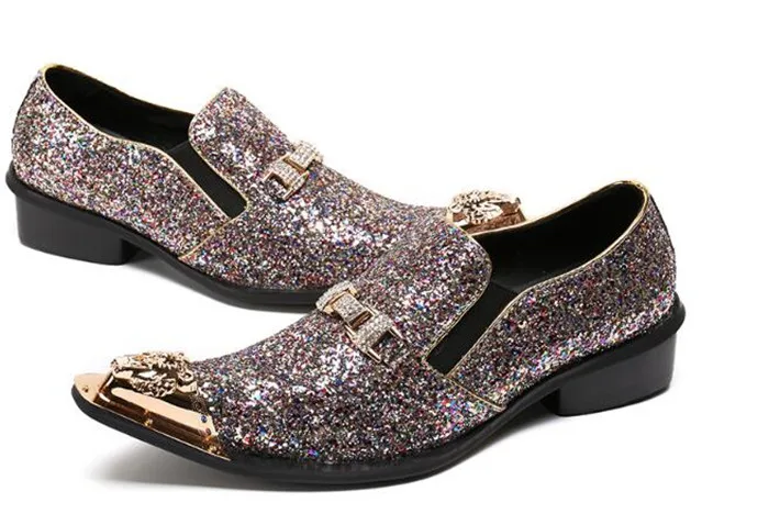 

Italy New Handmade iron head flats pointed toe Shinny Glitter Men Wedding shoes Fashion Luxury party men shoes