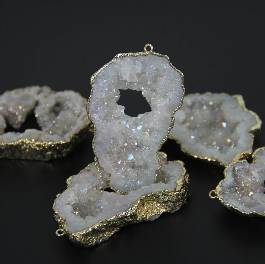 5 шт. натуральный белый AB Друза кусочки разъемов ожерелье позолоченные круглые