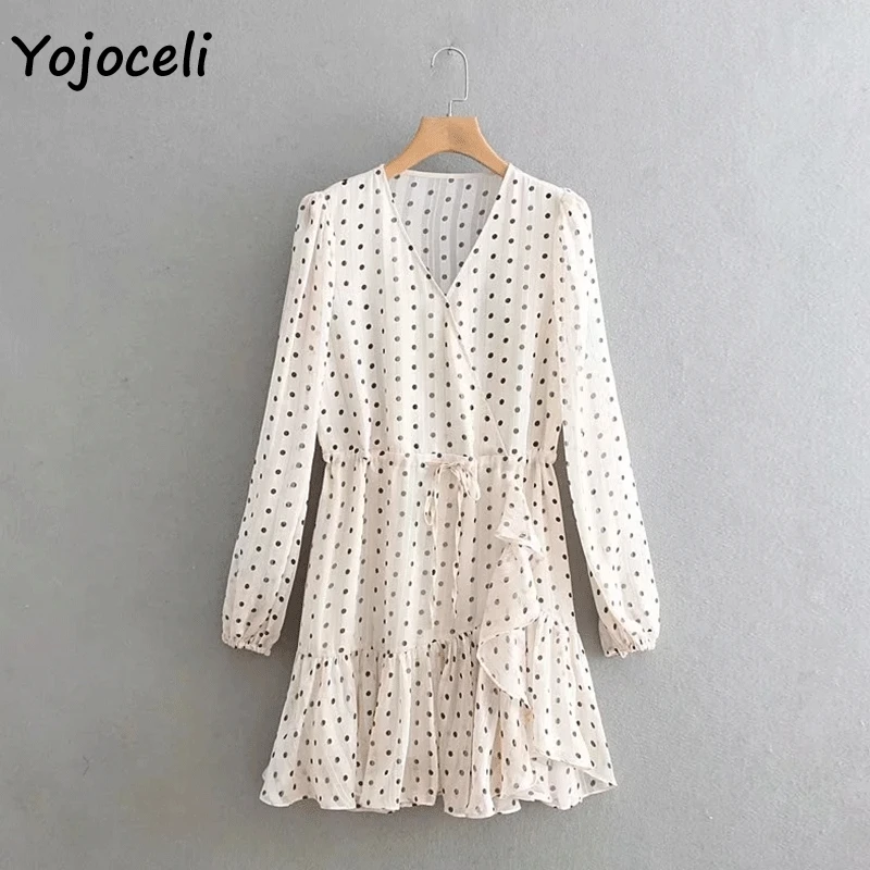 Yojoceli романтическое платье в французский горошек с рюшами boho мини длинным рукавом