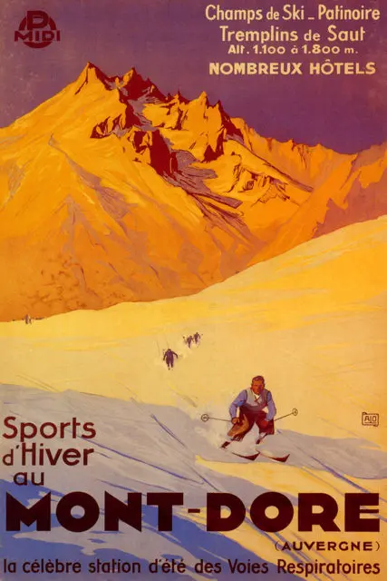 Винтажный постер для катания на лыжах спорта путешествий Монт Дор классические