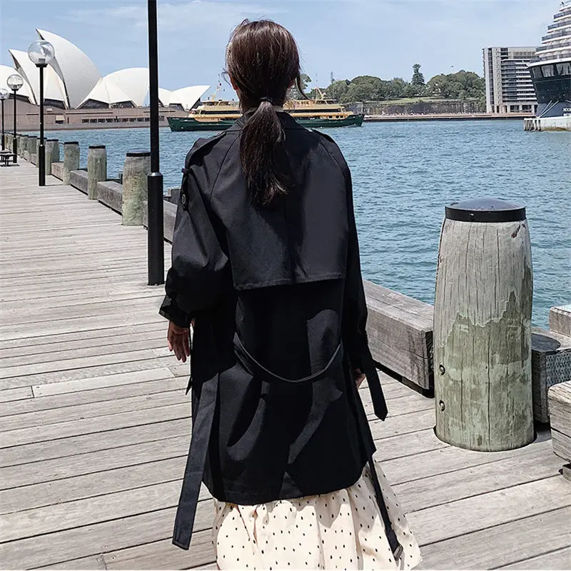 

Double-layer Lapel Double-breasted Trench Coat Patch Khaki Casual Fashion Chaquetas Mujer Black Slim Windbreaker With Belt f947