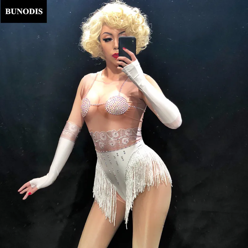 ZD198 Women Sexy Bodysuit  White Tassel Sparkling Crystals Chest Nightclub Party Stage Wear Costumes Dancer Singer Clothing