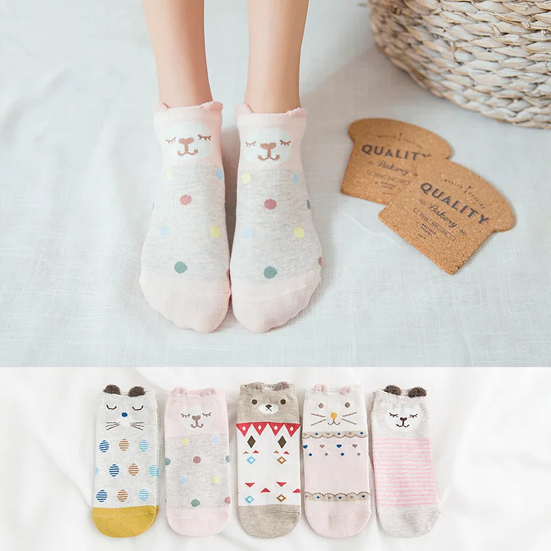 hosiery and a cat 10 шт. = 5 пар, женские забавные весенние носки, новинка, удобные Мультяшные носки с сердечками и животными, с принтом кота, милые хлопковые носки-башмачки с собачками, Kawaii - Цвет: hosiery and a cat