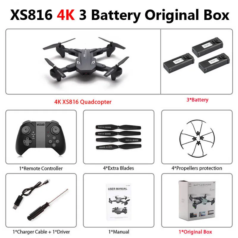 Visuo XS816 складной Дрон с двойной камерой 4K WiFi FPV селфи широкоугольный оптический поток позиционирования RC Квадрокоптер вертолет игрушки - Цвет: 4K 3 Battery Box