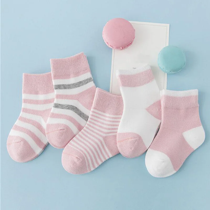Pink 5 пара/лот; Новые однотонные детские носки в полоску; дышащие хлопковые носки для малышей - Цвет: Pink