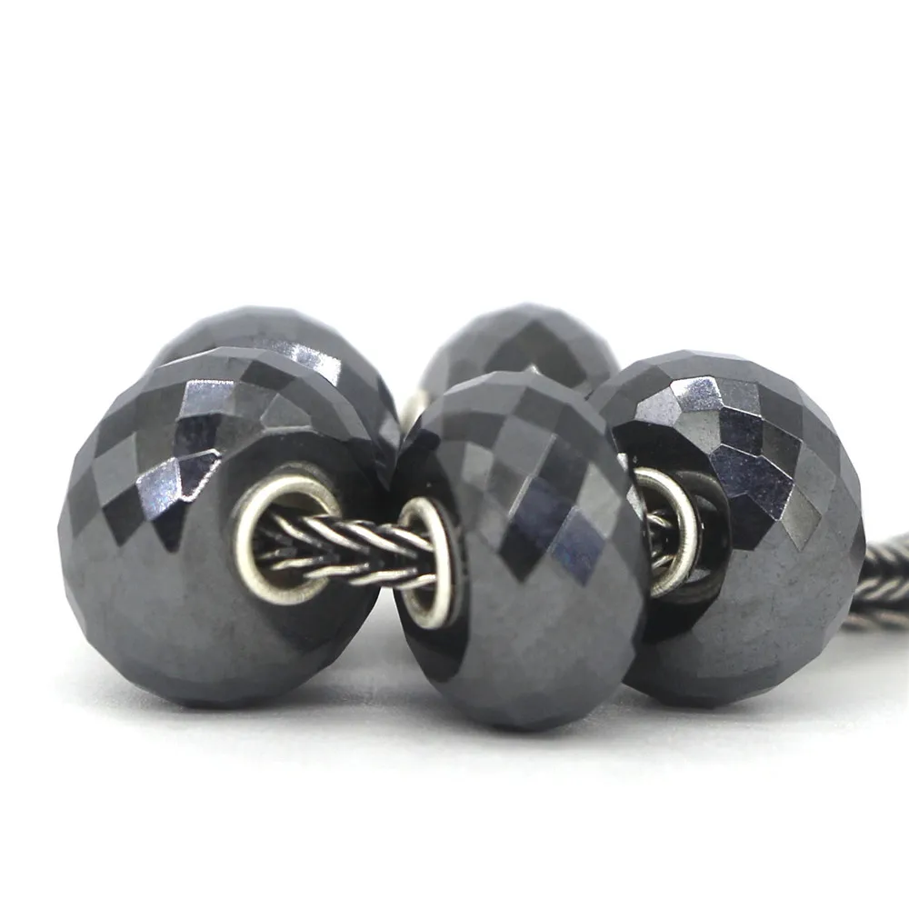 Mistletoe 925 Sterling Silver 3.6mm Core Faceted Natural Steel Hematite Stone Charm Bead Fit European 3.0mm Bracelet Jewelry