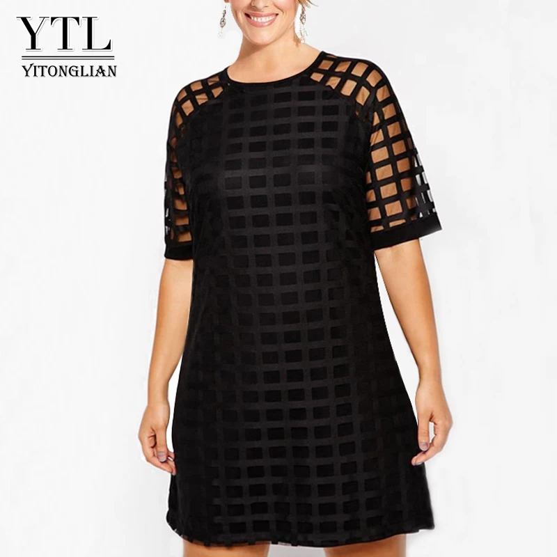  - YTL Women Plaid Chic Dress Black Mesh Short Sleeve Shift Mini Dress Big Size Summer Vintage Party Dresses 4XL 5XL 6XL 7XL H084