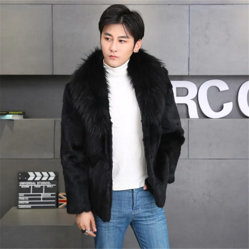 

High quality natural rabbit fur coats outerwear men real fox fur collar full sleeve real fur jacket plus size 2019 autumn winter
