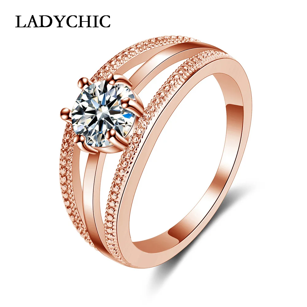 

LADYCHIC Austrian Cubic Zirconia Rose / White Gold Color Rings Elegant Crystal Ring for Women Engagement Party Wedding LR1033