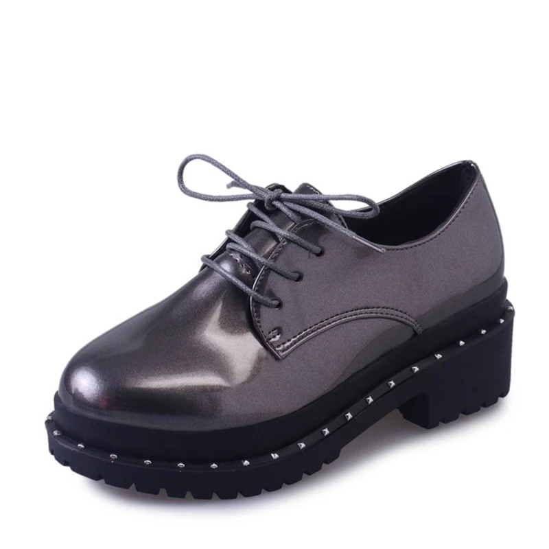 dark gray MCCKLE/Женская обувь на платформе и низком каблуке; женская обувь на толстой резине со шнуровкой; модные лакированные туфли-лодочки с заклепками; повседневная женская обувь - Цвет: dark gray